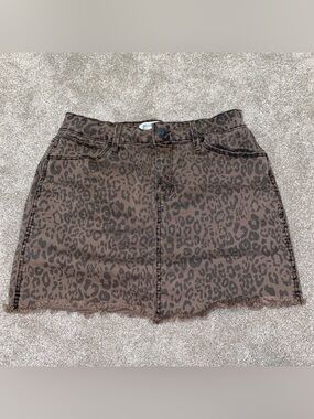 Mudd Leopard Print Mini Jean Skirt Brown Frayed‎ Hem Juniors 9 FLX Stretch